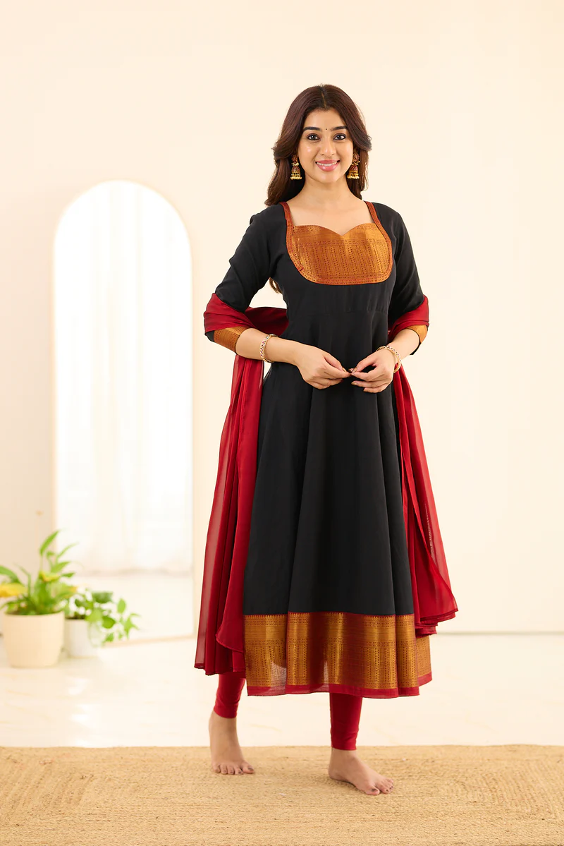 Classic Black with Rust Gold Weave Border Chettinad Cotton Anarkali